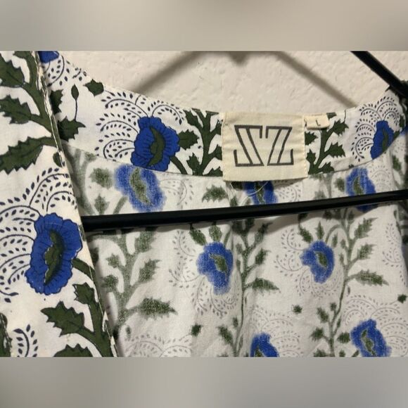 SZ Blockprints Blue Floral Midi A-Line Cotton Dress - Size Large - Picture 4 of 7